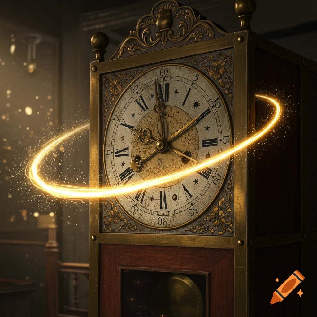 A detailed antique grandfather clock with a glowing golden light trail encircling its face, creating a magical effect in a dimly lit, richly textured room.