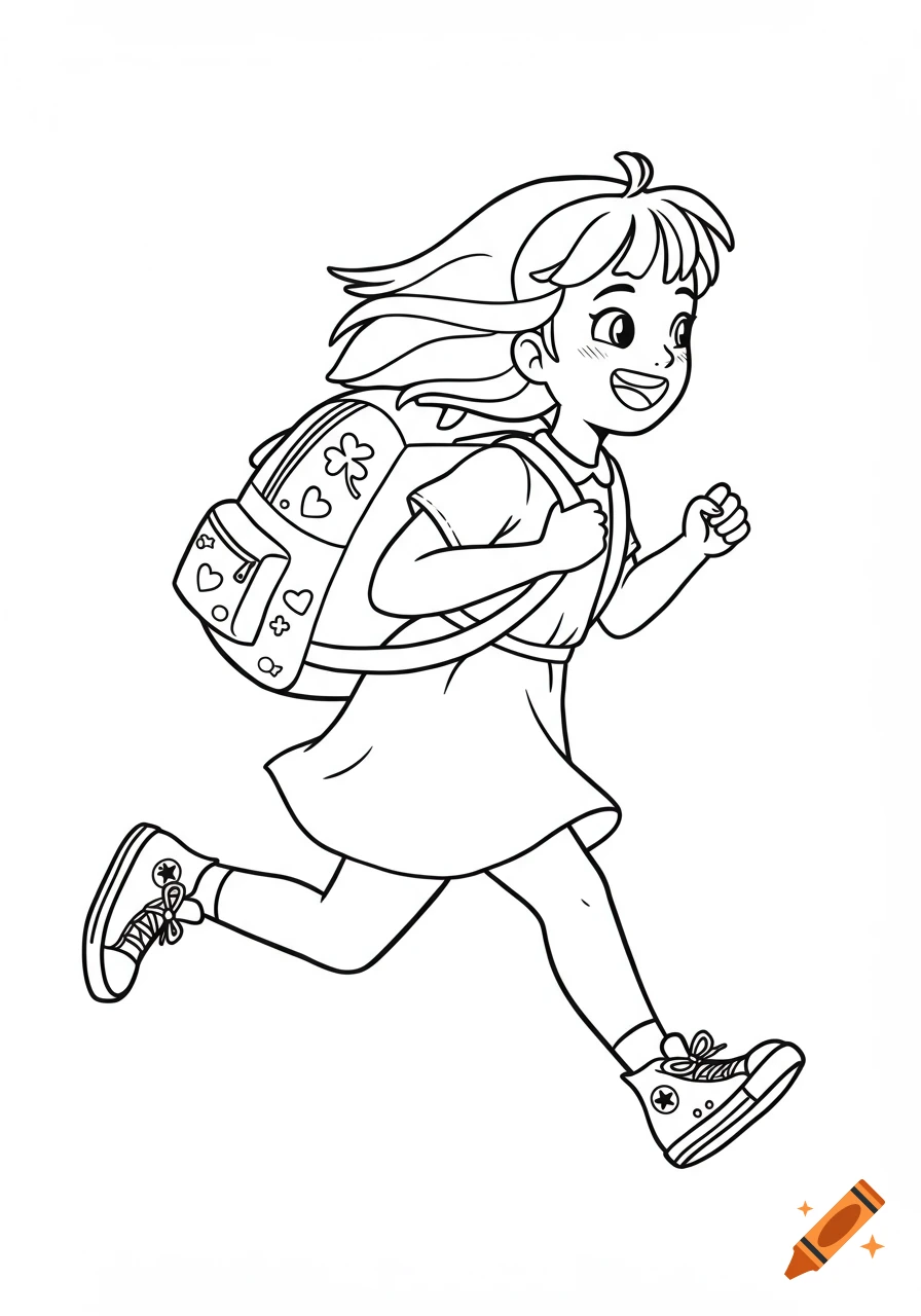 A black and white line art illustration of a cheerful young girl running with a heart-decorated backpack and sneakers.