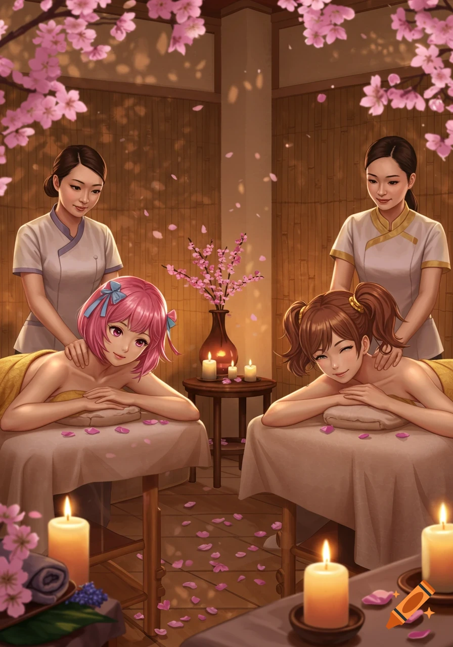 Anime illustration of two women relaxing on massage tables, being massaged by two attendants in a spa decorated with cherry blossoms and candles.