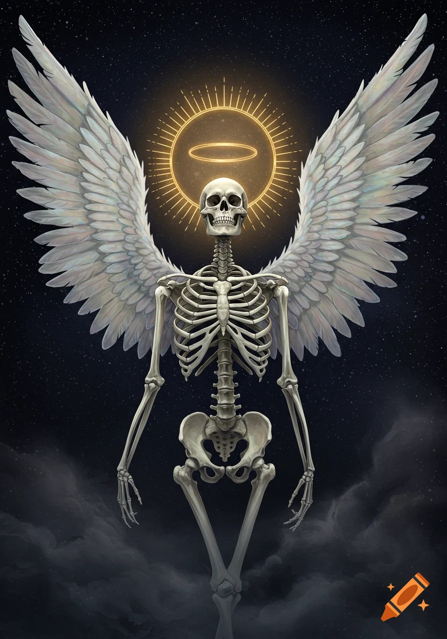 A skeletal figure with large white wings and a glowing golden halo stands against a starry night sky with dark clouds below.