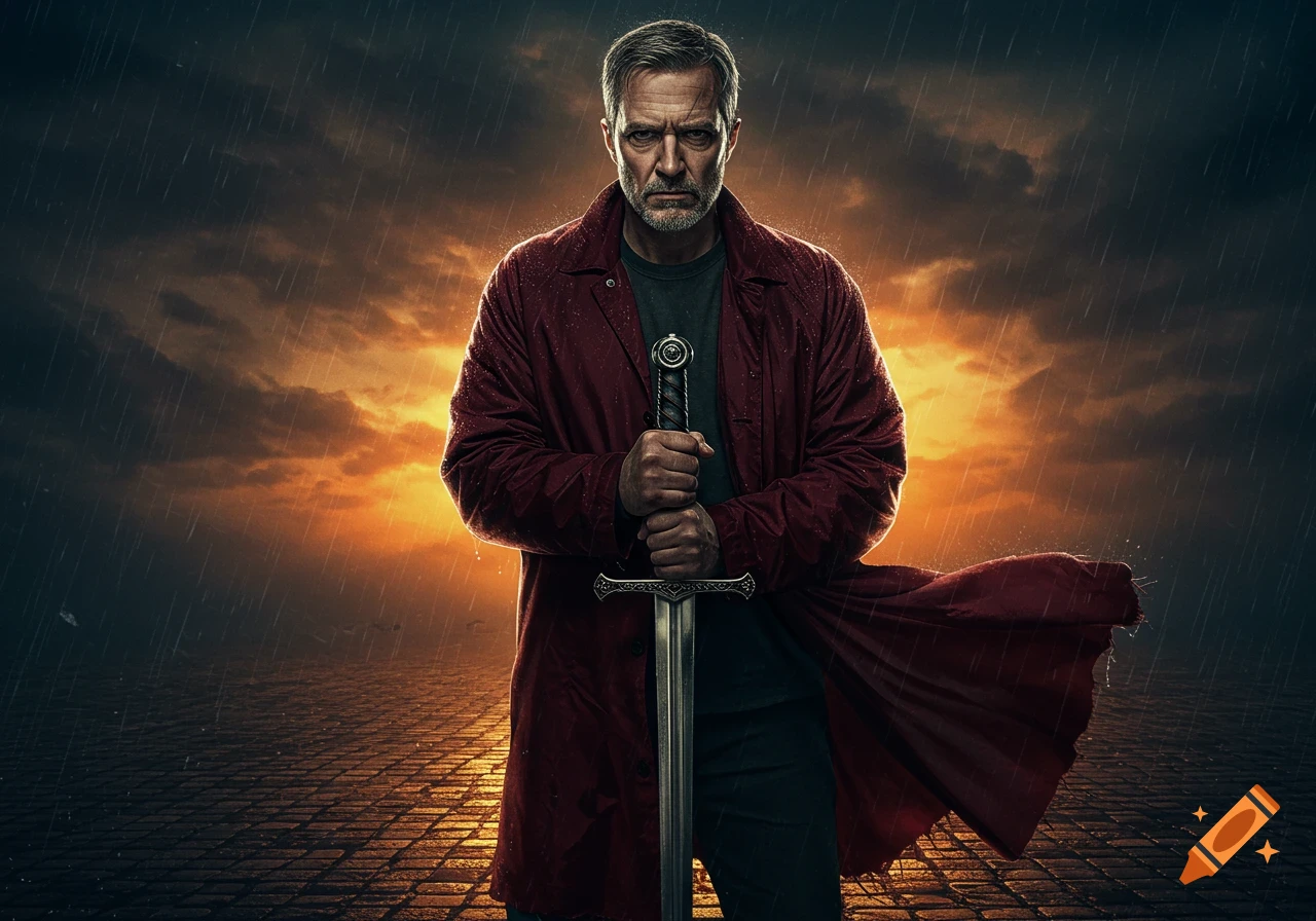 A serious middle-aged man in a red coat stands in the rain, gripping a sword with both hands, against a dramatic orange and dark sky.
