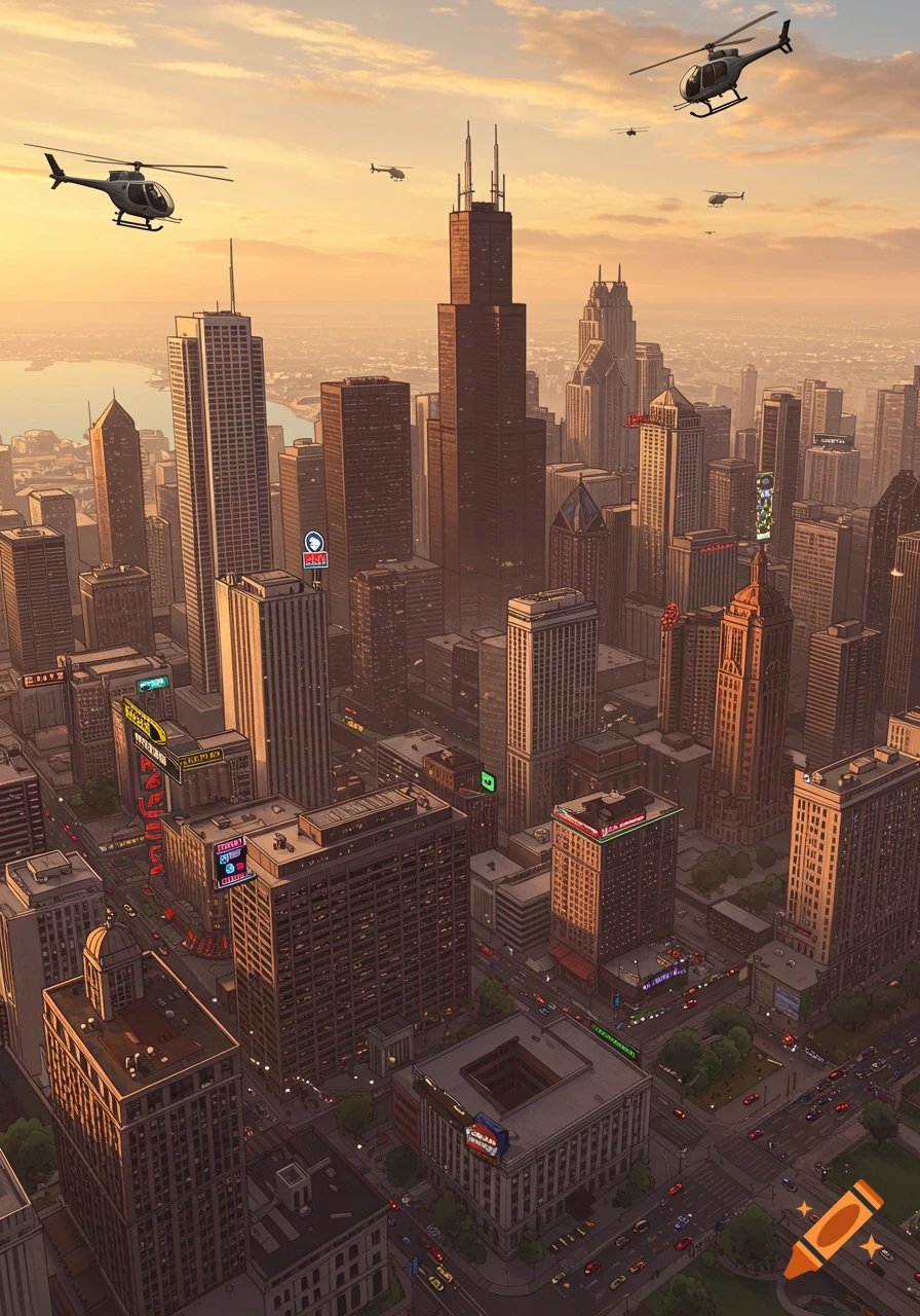 An aerial view of a stylized Chicago city at sunset, resembling a Grand Theft Auto map, with numerous skyscrapers, busy streets, and several helicopters flying overhead.