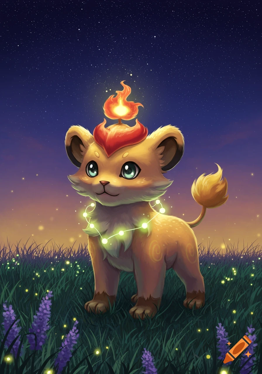 A cute, cartoon lion cub Pok esson with a flame on its head and glowing lights around its neck, in a field under a starry, sunset sky.