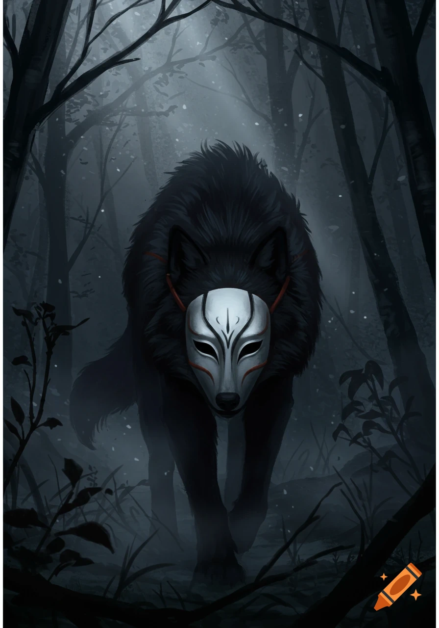 A shadowy black wolf wearing a white decorative mask with red markings stands in a dark, misty forest, depicted in a digital painting style.