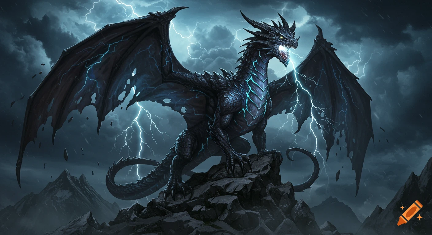 A majestic black storm dragon with glowing blue lightning patterns perched on a jagged mountain peak under a turbulent night sky.