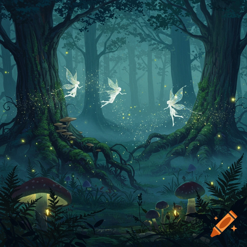 Three glowing fairies fly through a dark, misty enchanted forest with mossy tree roots and luminous red-capped mushrooms. Fantasy art.