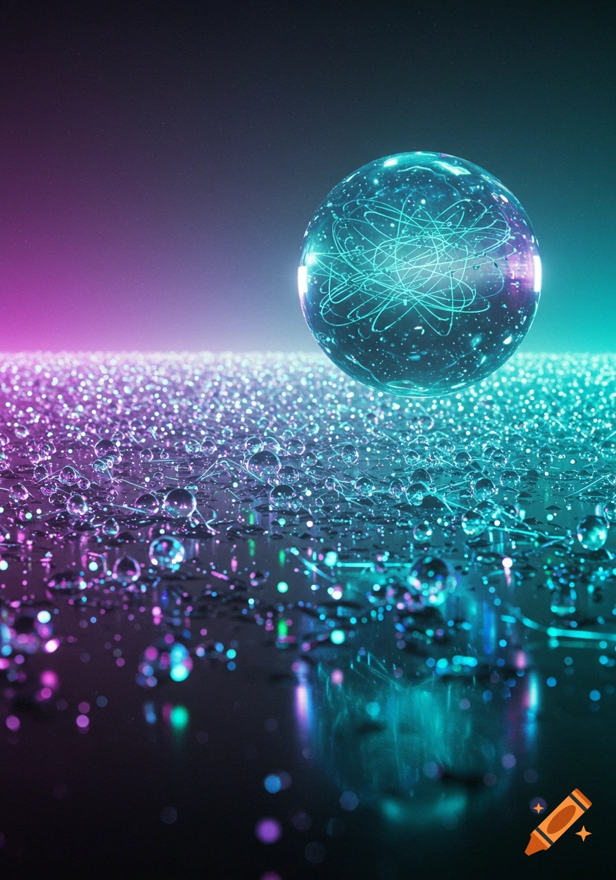 A glowing, intricate sphere floats above a reflective surface covered in sparkling droplets, bathed in neon pink and teal light.