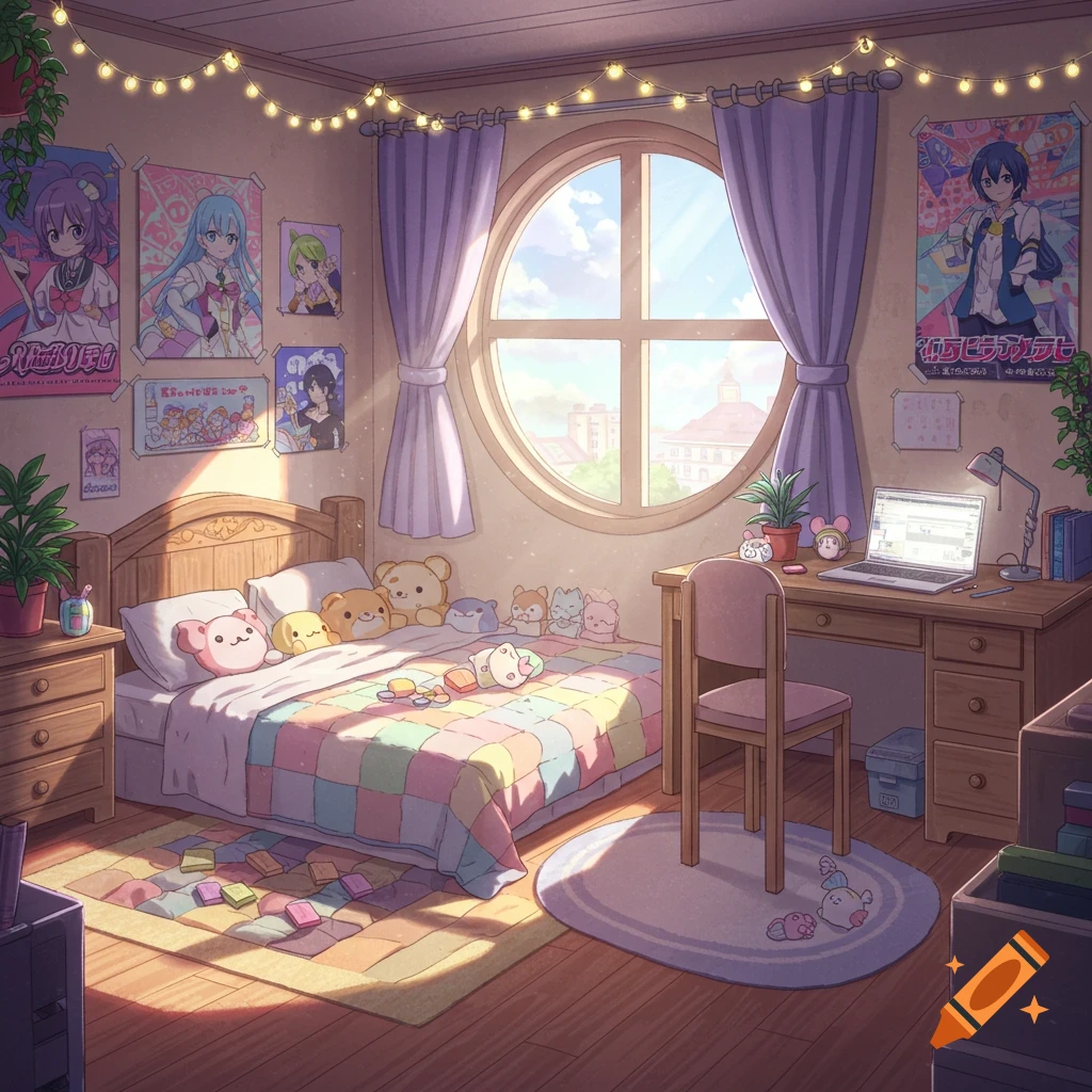 A cozy anime-style bedroom with a circular window, string lights, a bed with plushies and a pastel quilt, and a desk with a laptop.