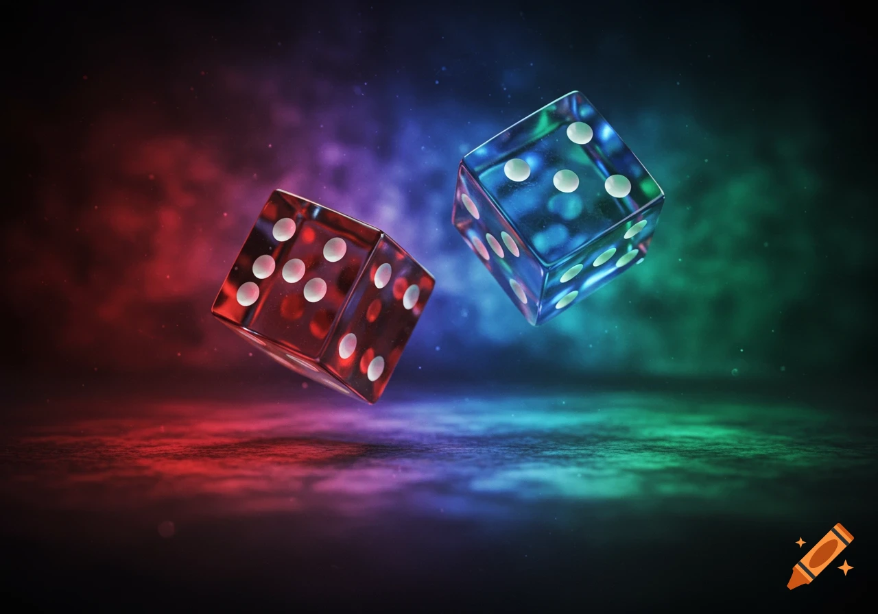 Two glowing translucent dice, one red and one blue, float in a smoky void lit by red and blue light.