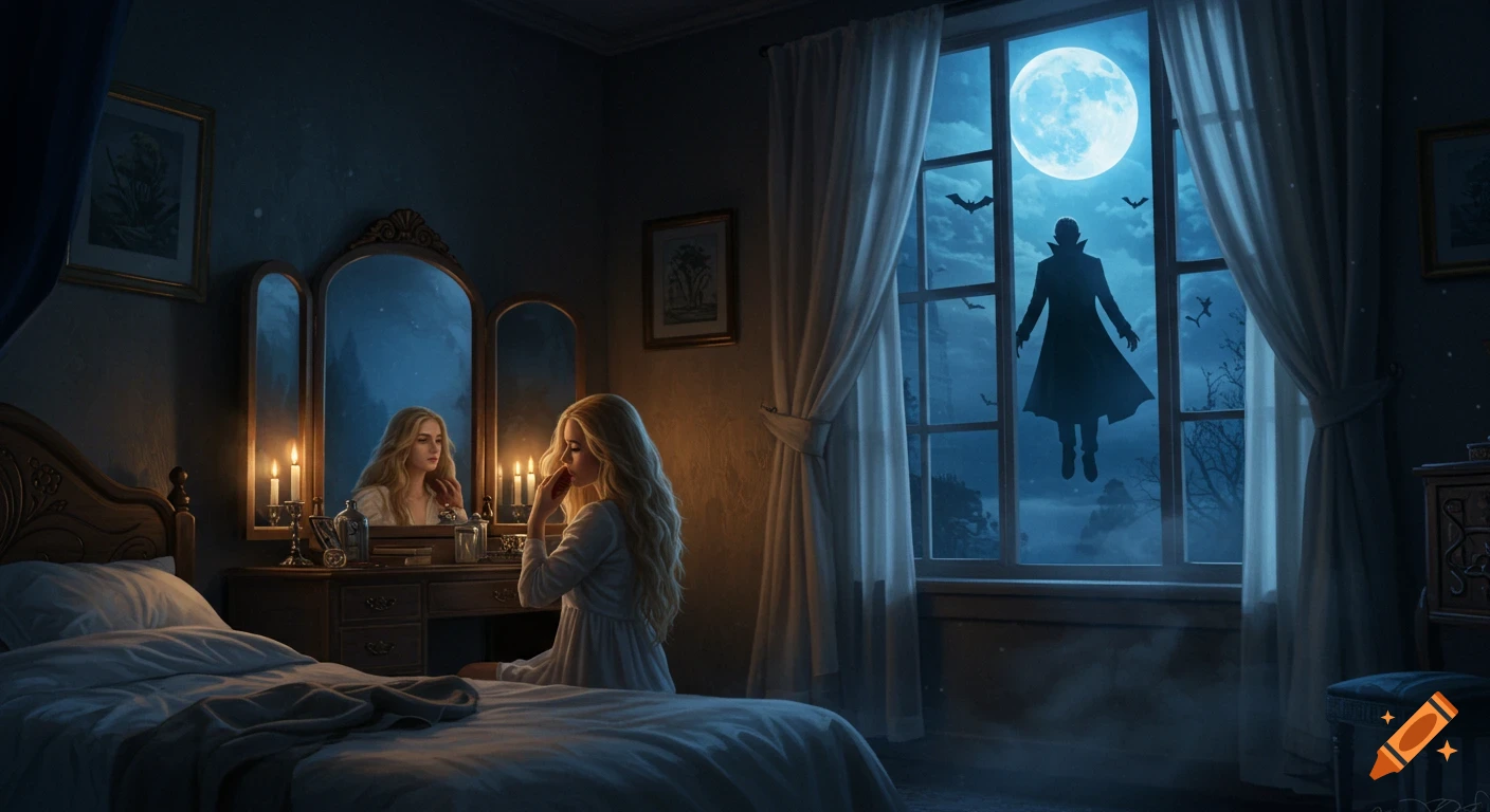 A woman brushes her hair in a dimly lit bedroom as a silhouetted vampire levitates outside her window under a full moon.