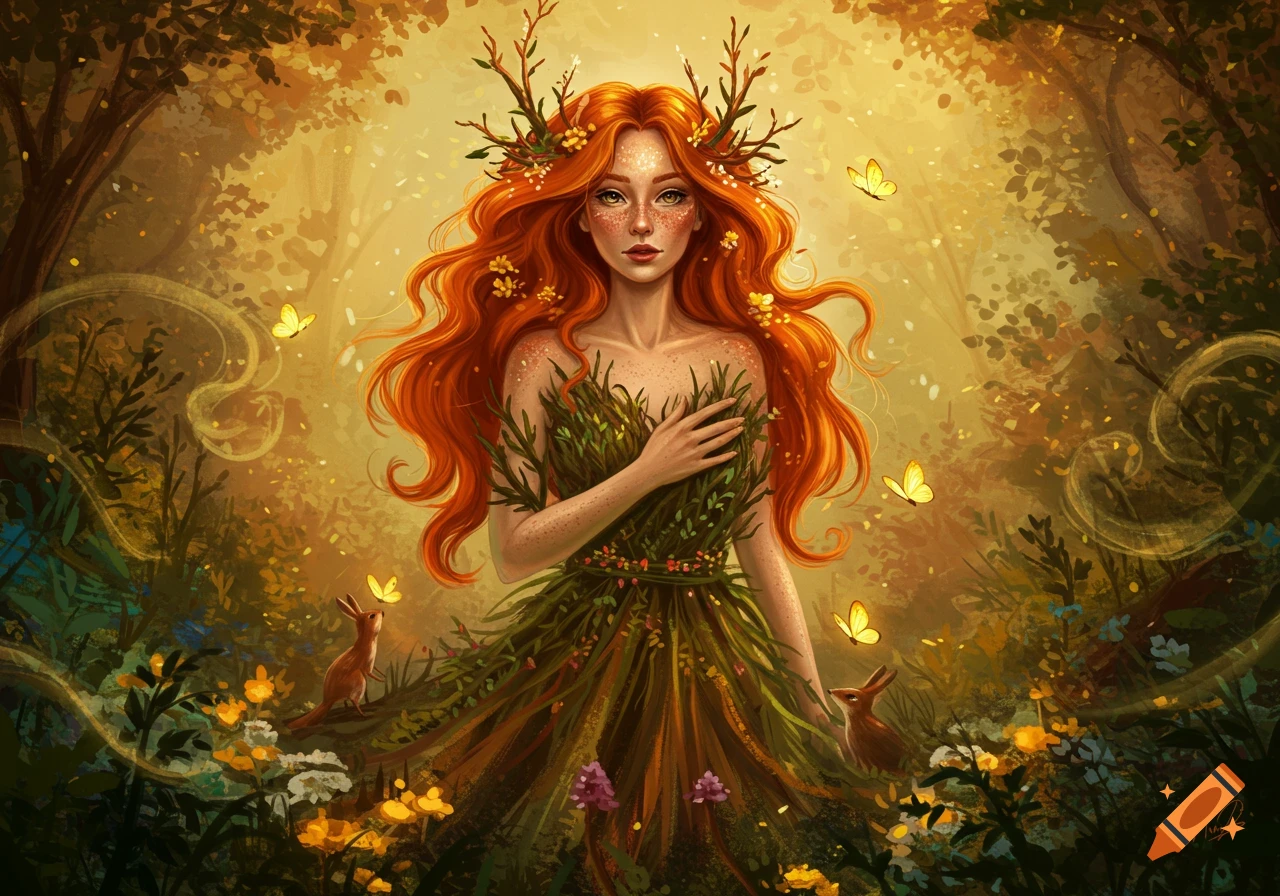 A red-haired nature goddess with antlers and a dress of leaves stands in a golden forest with butterflies and rabbits in an illustrative style.