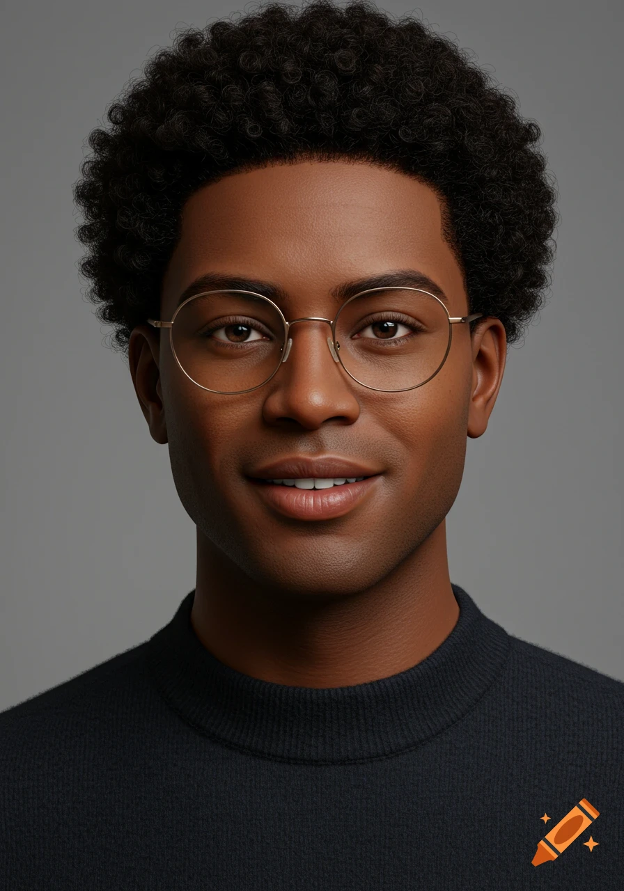 Photorealistic portrait of a young man with dark skin, short afro hair, glasses, and a friendly smile in a black turtleneck against a gray background.