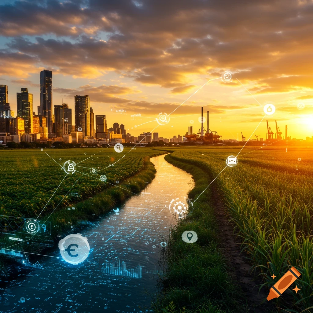 A vibrant sunset landscape featuring a futuristic city, industrial area, and agricultural fields connected by digital overlays of data, graphs, and currency symbols.