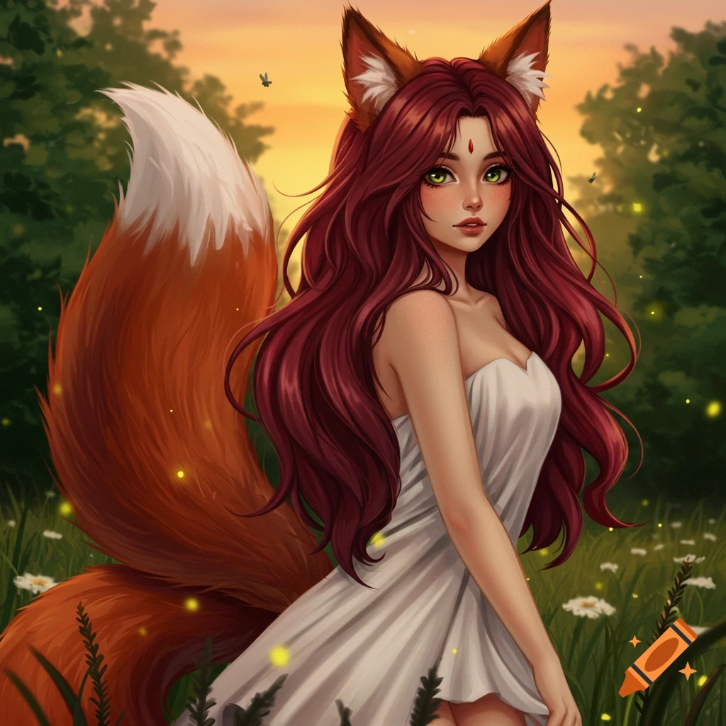 Anime-style fox girl with long burgundy hair, hazel eyes, fox ears and tail in a white dress in a forest meadow at sunset.