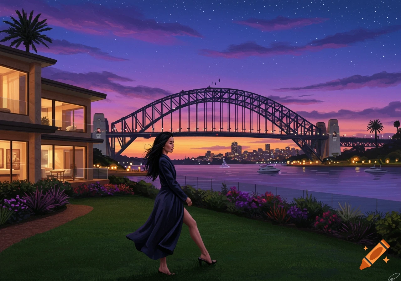 An illustration of a woman walking on a lawn with a house, Sydney Harbour Bridge, and a city skyline across the water at sunset.