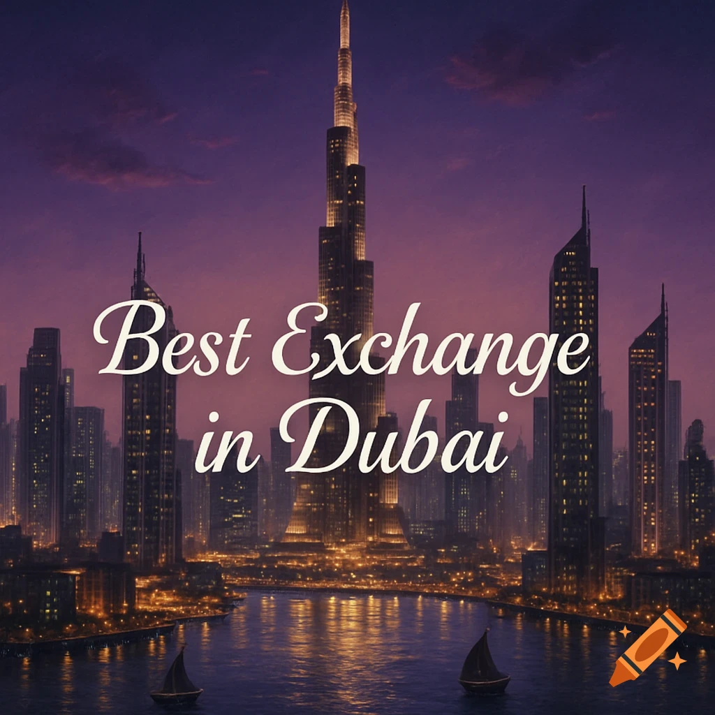 Nighttime photorealistic cityscape of Dubai with the Burj Khalifa and other illuminated skyscrapers, reflecting in water, featuring 'Best Exchange in Dubai' text.