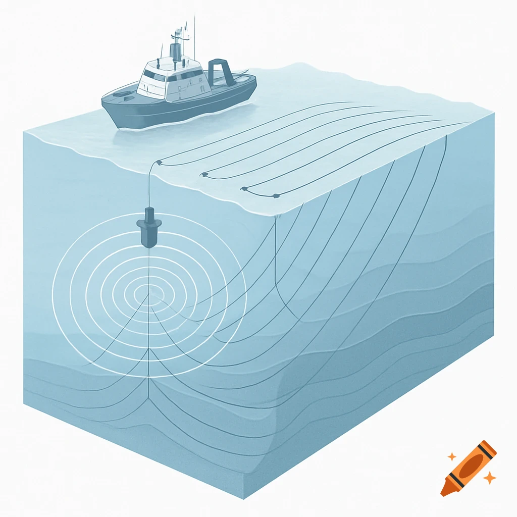 Diagram of a boat performing marine seismic data acquisition, with a submerged device emitting sound waves and streamers trailing.