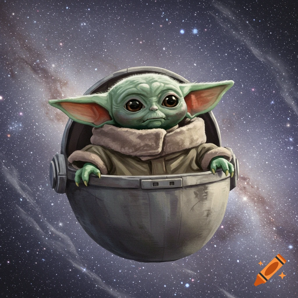 An illustration of Grogu (Baby Yoda) in his hover pram, floating against a backdrop of a starry galaxy.