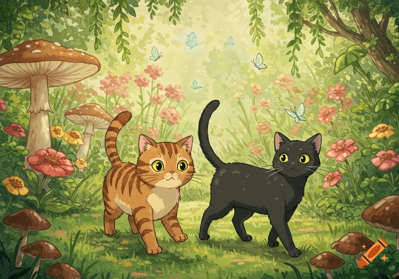 A brown tabby cat and a black cat walk through a magical forest with mushrooms, flowers, and butterflies in Ghibli style.