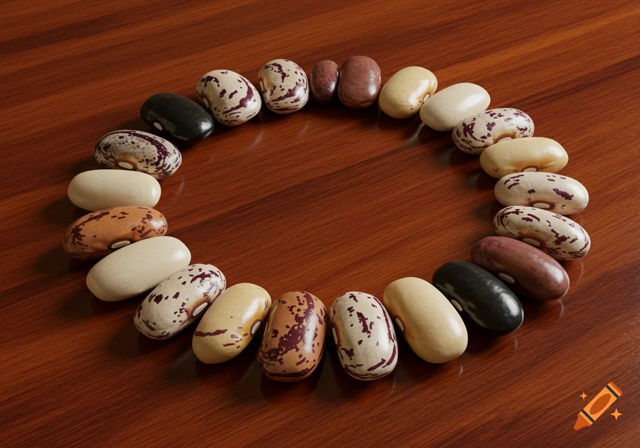 A variety of dried beans, including pinto, white, and black beans, arranged in a circle on a polished wooden table.