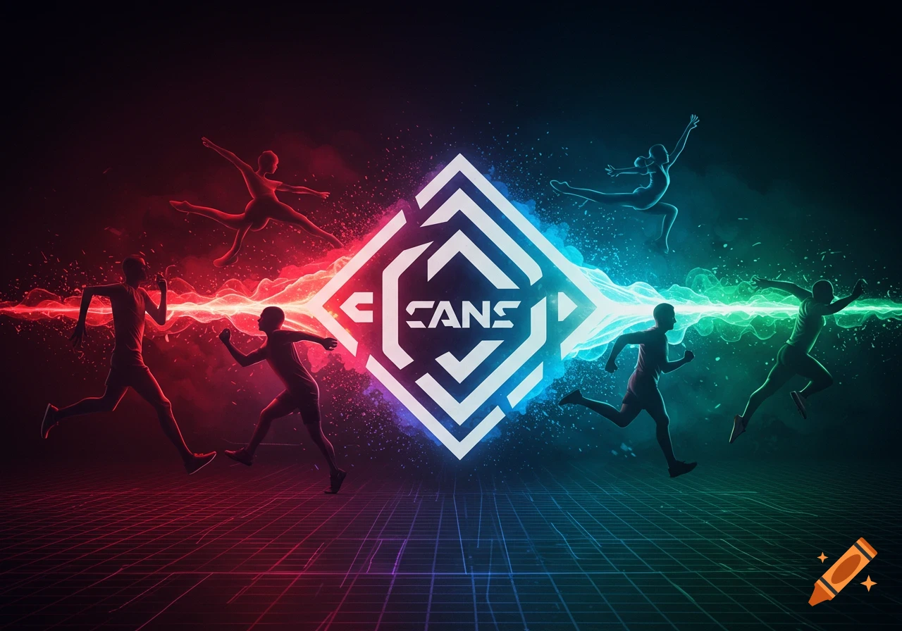 Stylized running and dancing figures split by a neon CANS logo in a futuristic red and blue grid scene.