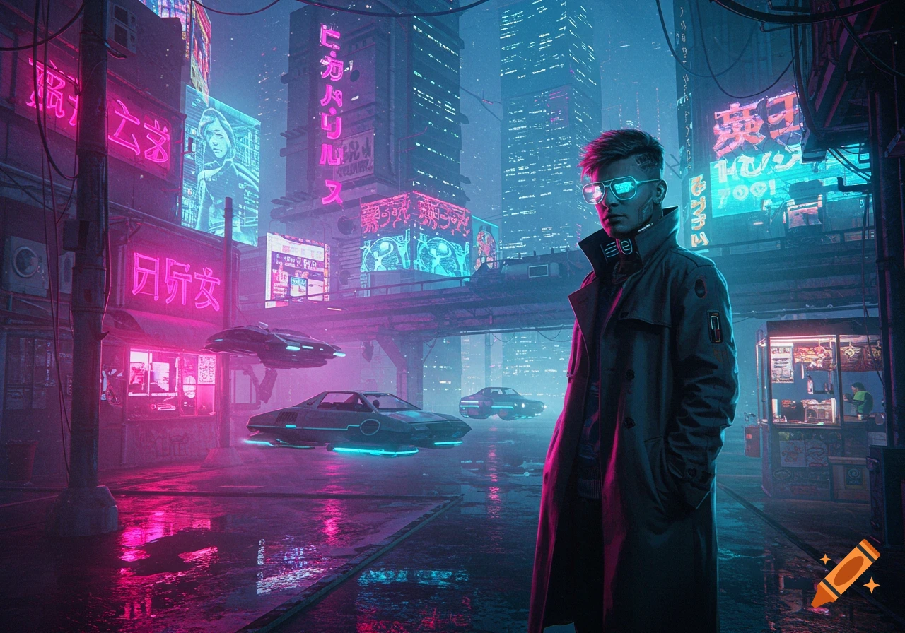 A man in sunglasses and a trench coat stands in a neon-lit cyberpunk city street with flying cars and tall buildings.