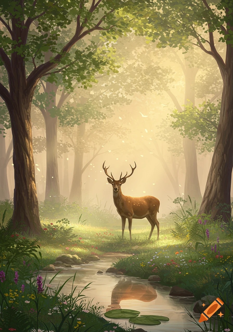 A deer with antlers stands in a sunlit, misty forest with a stream, lush plants, and wildflowers in an illustrative style.