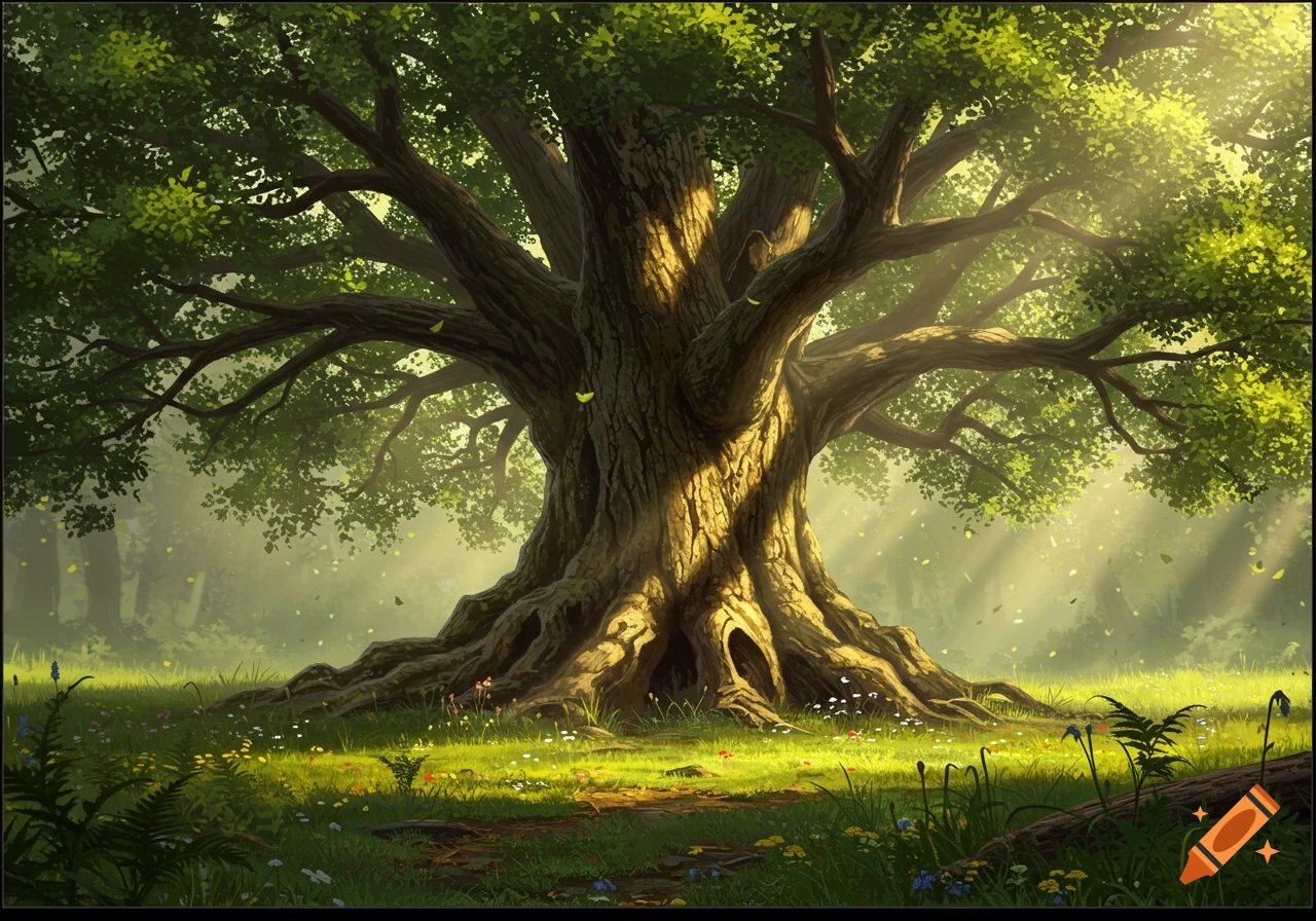A majestic, ancient tree with massive roots and a sprawling canopy stands in a sunlit forest clearing with wildflowers, digital painting.