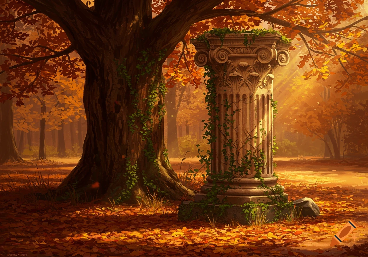 An ancient, ornate stone column, partially covered in ivy, stands in a golden autumn forest filled with fallen leaves.