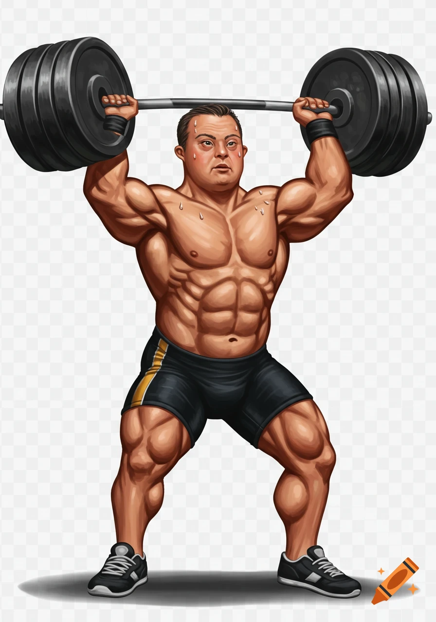 Muscular man with Down syndrome performing an overhead barbell lift, in a detailed, realistic illustration style.