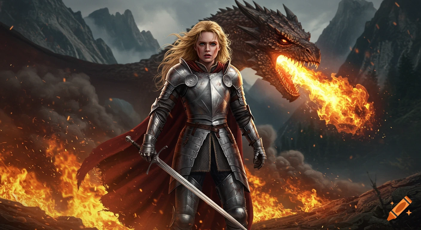 Blonde warrior in armor with a sword faces a fire-breathing dragon in a fiery mountain landscape, realistic fantasy art.