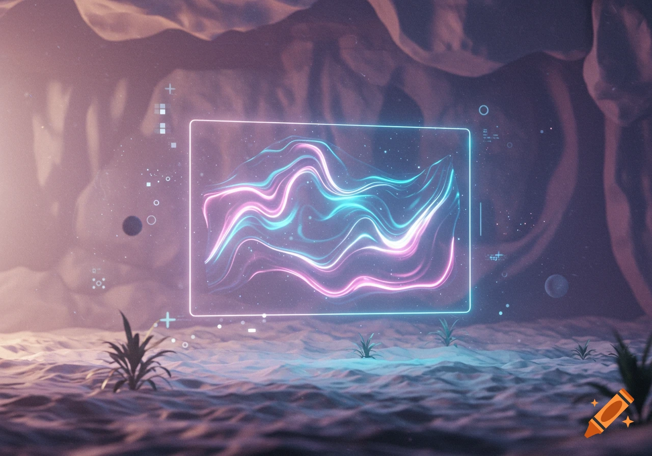 A futuristic, glowing neon display with swirling pink and cyan energy in a sandy, cavernous landscape with small plants.