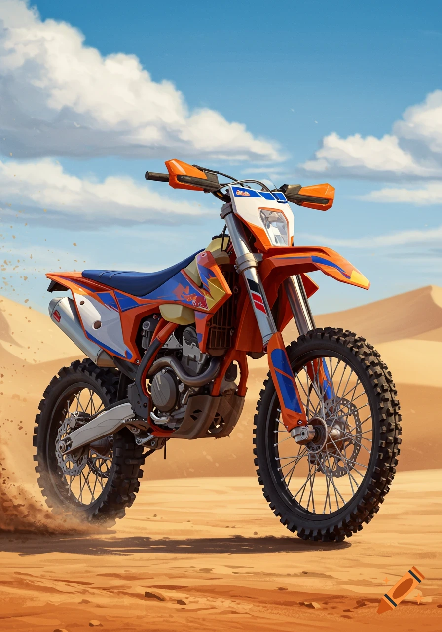 An orange and blue dirt bike kicks up sand in a desert under a blue sky.
