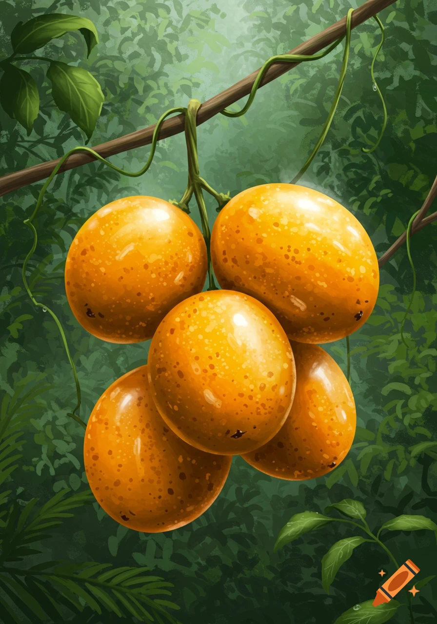 A cluster of bright orange, speckled fruits hanging from a vine in a lush green jungle, in a stylized digital painting.