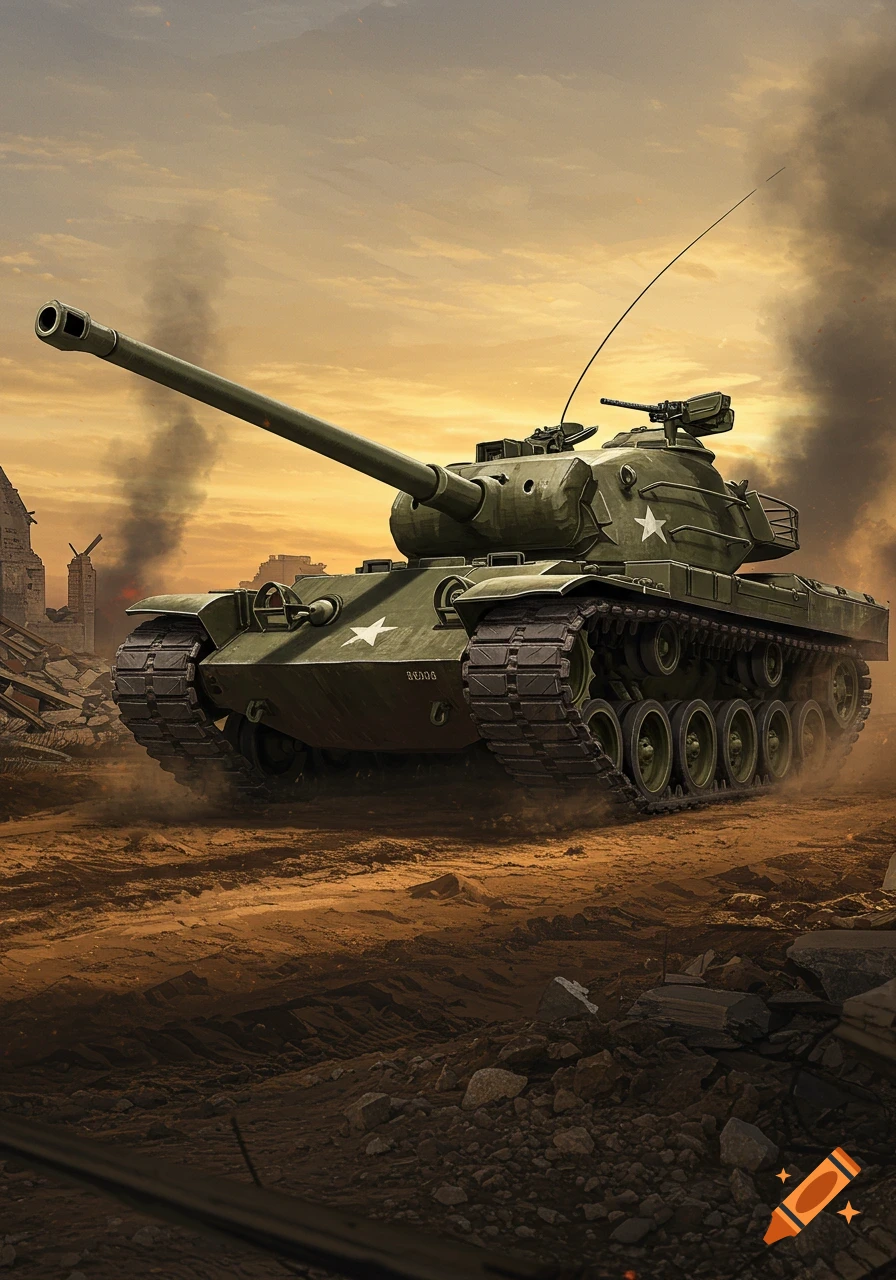 A green military tank drives through a dusty, war-torn landscape under a dramatic, smokey sky.