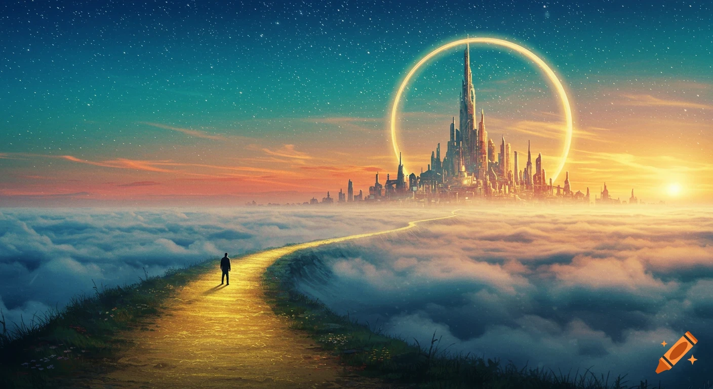 A man on a glowing path walks towards a futuristic city surrounded by a halo, above clouds under a starry, sunset sky in a digital painting.