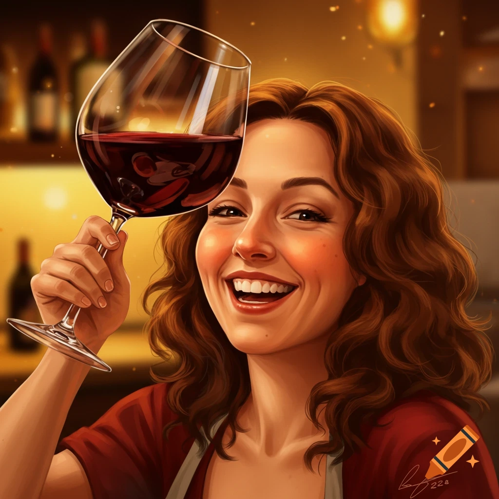 A smiling woman with curly brown hair holds up a large glass of red wine in a warmly lit bar, stylized art.
