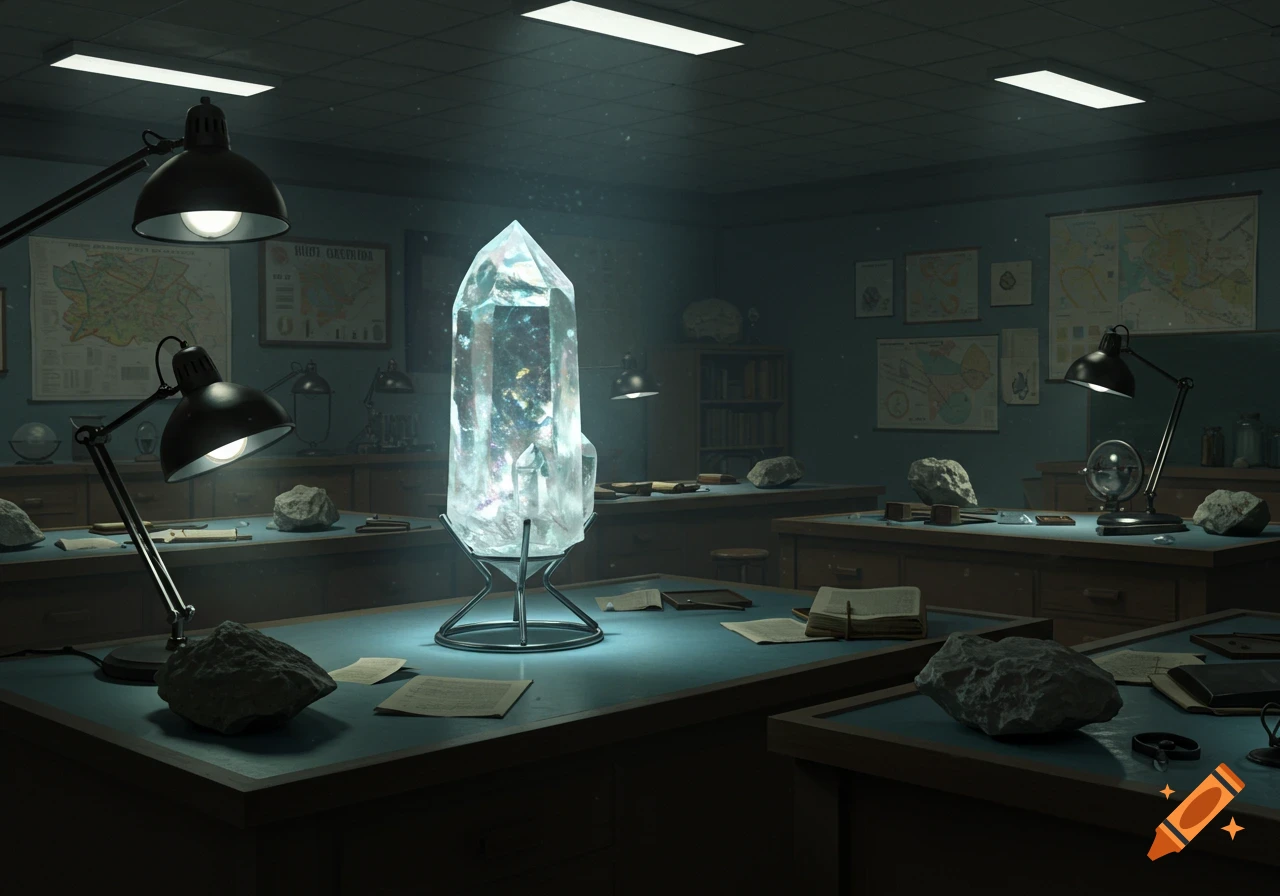 A dimly lit geology lab with a large glowing crystal on a stand, surrounded by rocks, desk lamps, and maps.