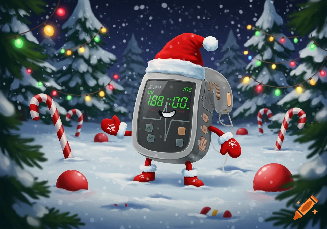 A personified medical device, resembling a defibrillator, wearing a Santa hat, mittens, and boots, stands smiling in a snowy Christmas forest decorated with lights, candy canes, and ornaments.