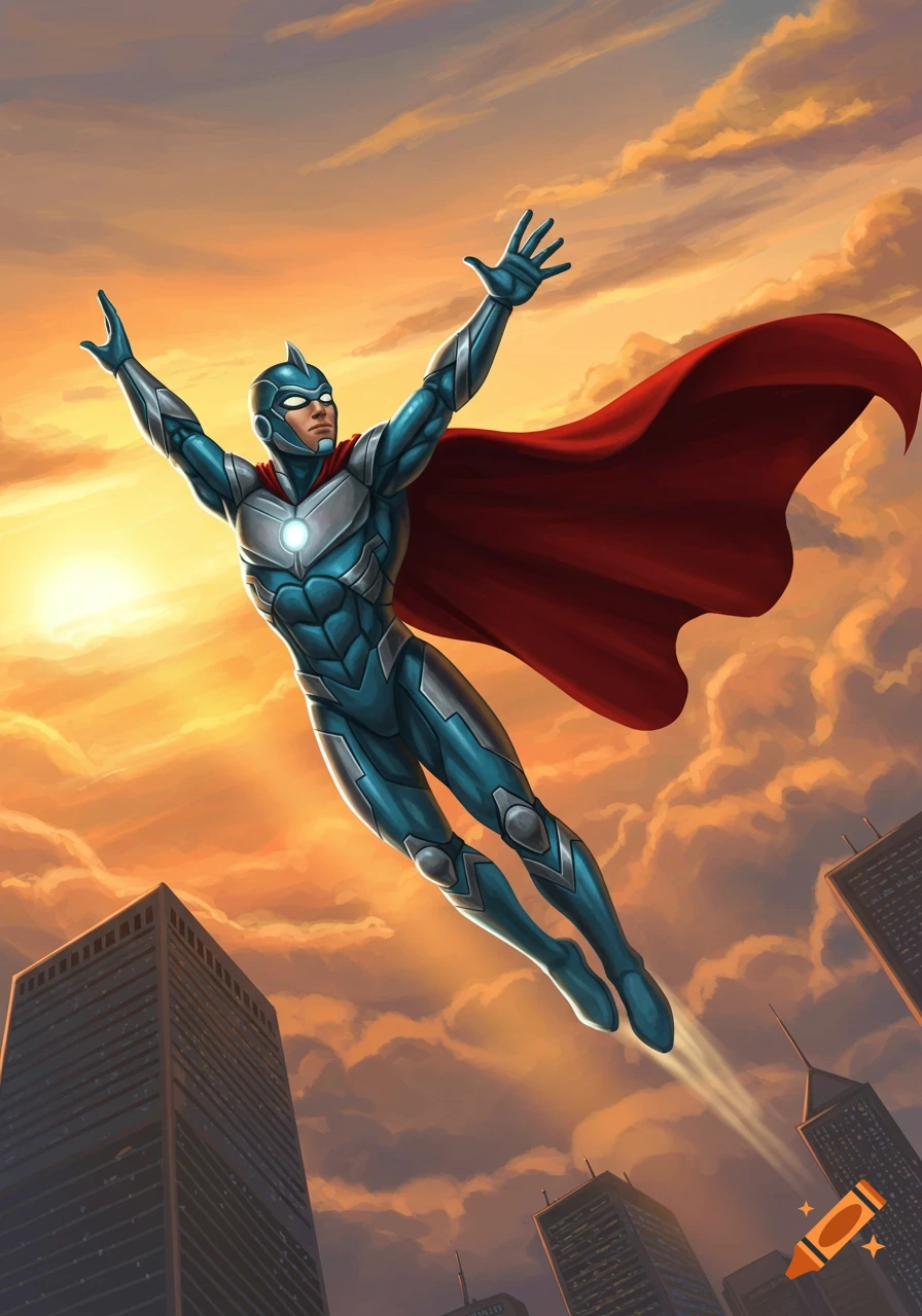 A superhero in a blue and silver suit with a red cape flies over a city against a vibrant sunset sky, in a comic art style.