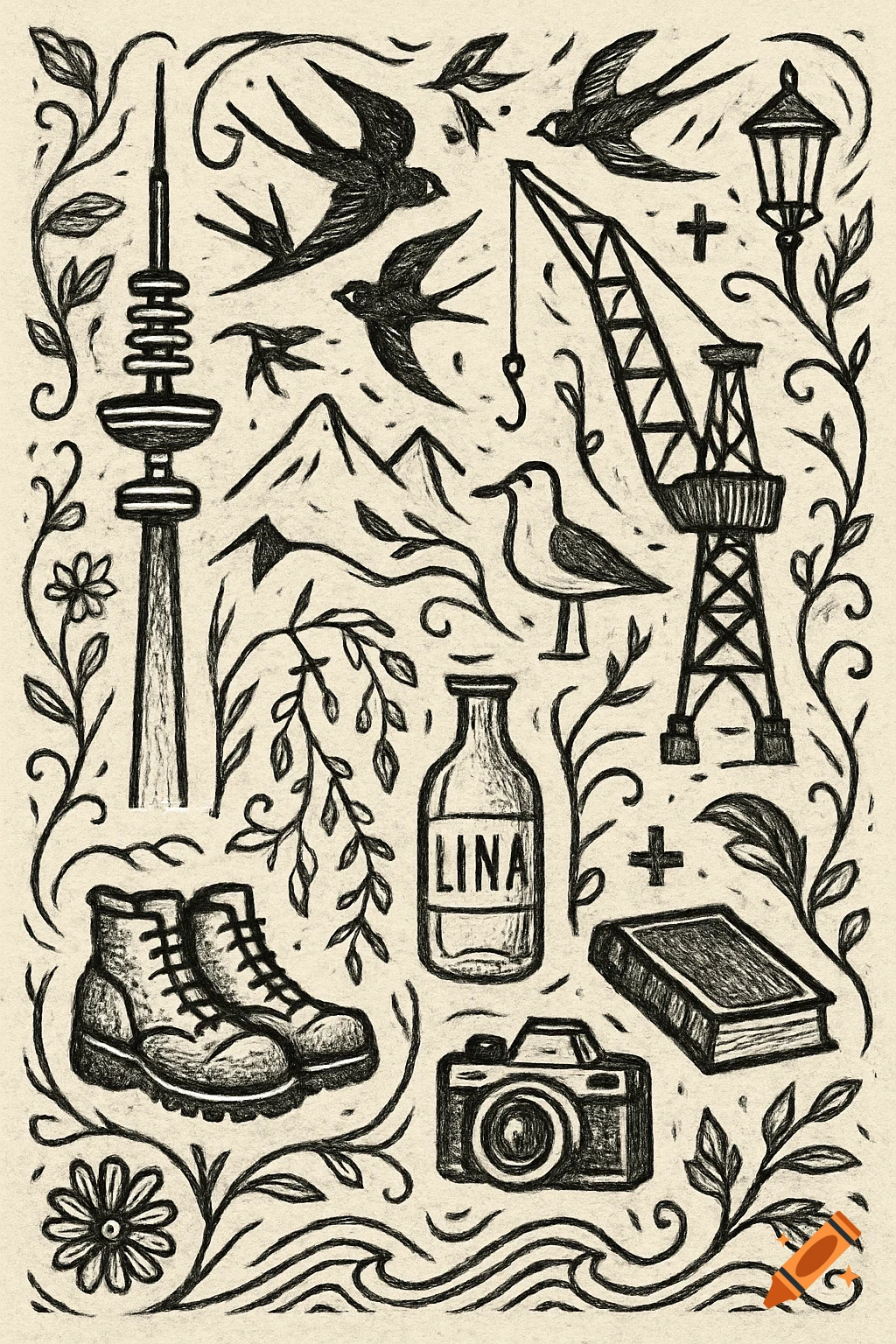 Detailed black and white line art collage featuring travel and nature symbols: TV tower, crane, birds, mountains, hiking boots, camera, book, and a bottle labeled 'LINA', surrounded by vines.