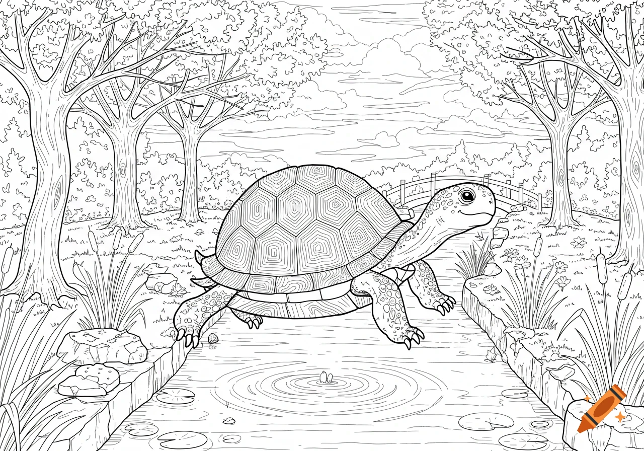 Black and white line art of a smiling turtle stepping into a canal, surrounded by trees, reeds, and a distant bridge, for a coloring page.