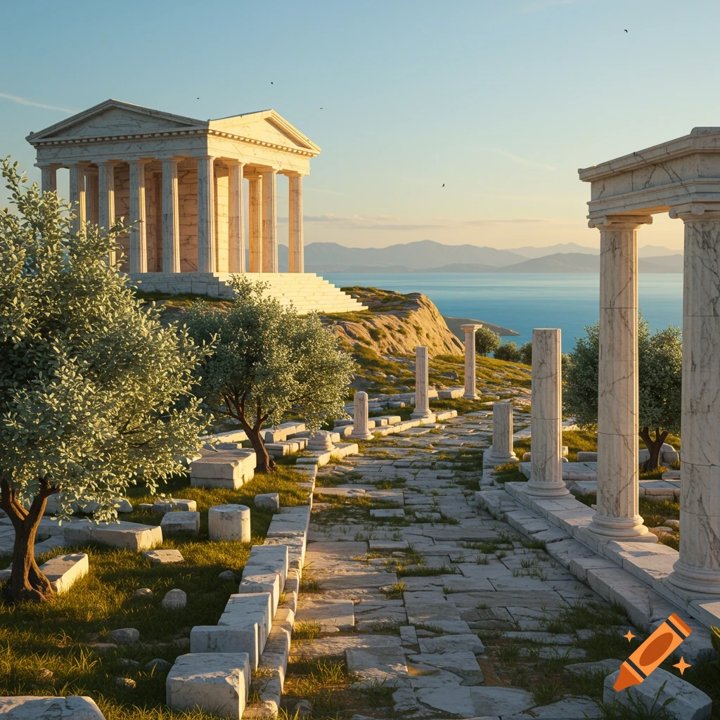 A photorealistic depiction of ancient Greek ruins on a hillside, featuring a temple, columns, and olive trees with a sea and mountain view.