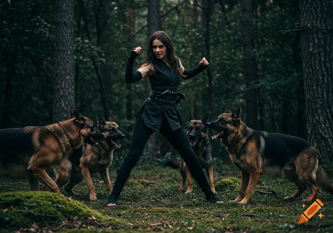 A woman in dark clothing stands in a fighting stance, surrounded by four German Shepherds in a dark forest. Photorealistic style.