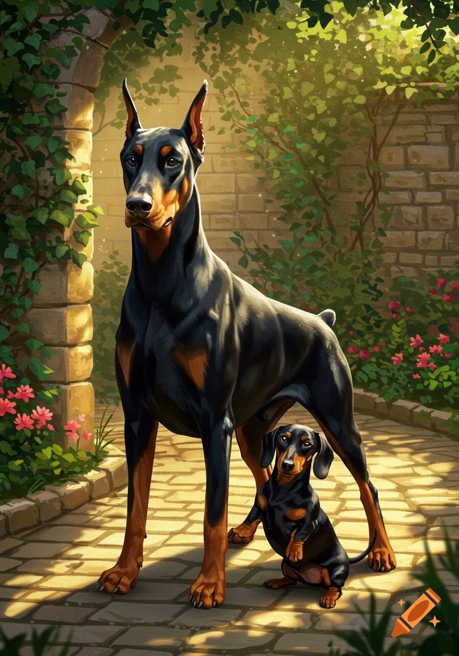A large black Doberman stands next to a small black and tan Dachshund sitting on two legs in a sunlit garden with an archway covered in ivy in an illustrative style.
