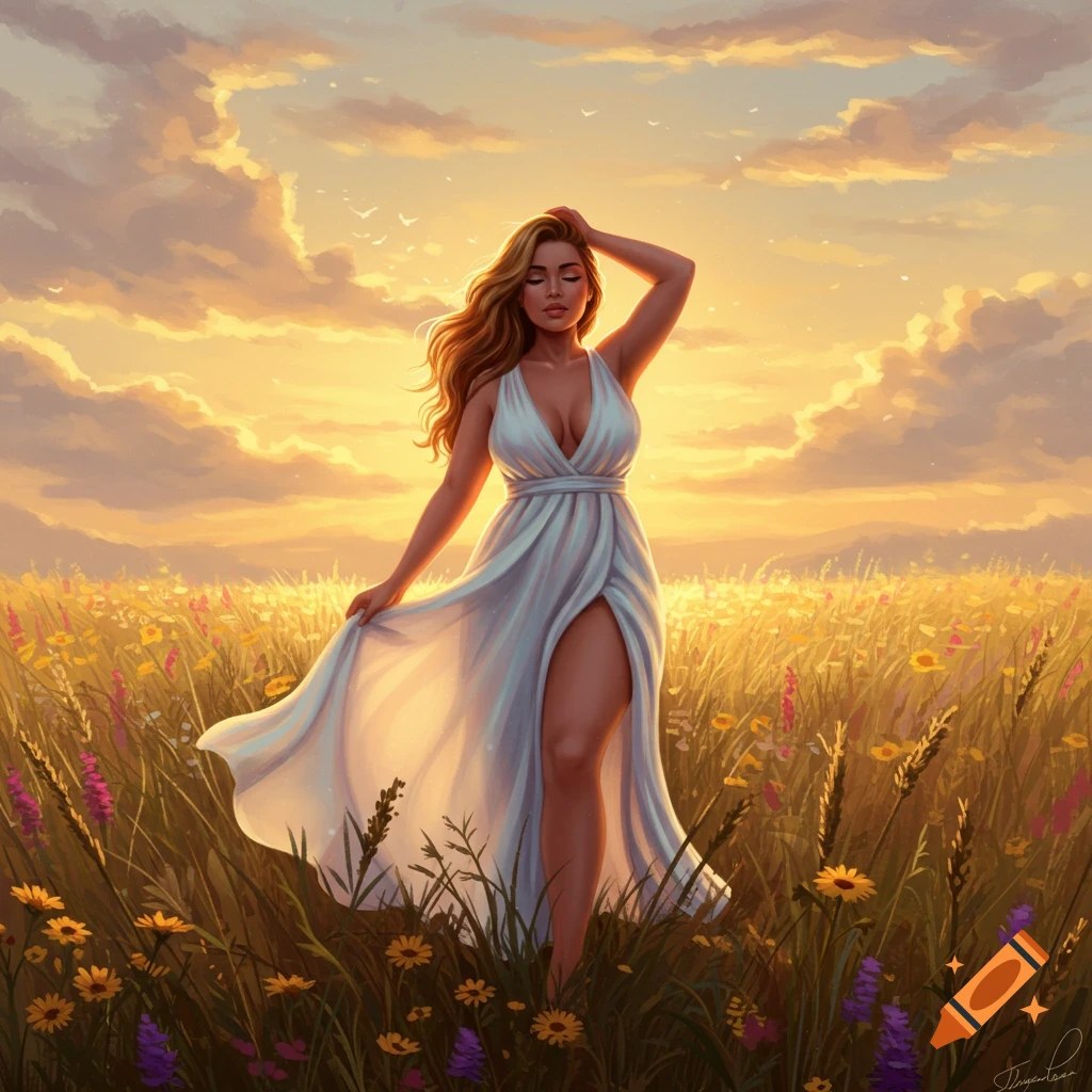 A woman in a flowing white dress stands in a vibrant field of wildflowers at sunset, rendered in a digital painting style.