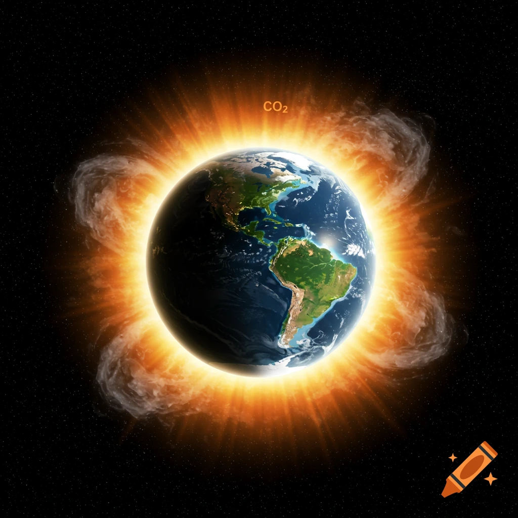 Earth glowing with an orange aura and 'CO2' text, surrounded by wispy clouds in space, symbolizing the greenhouse effect.