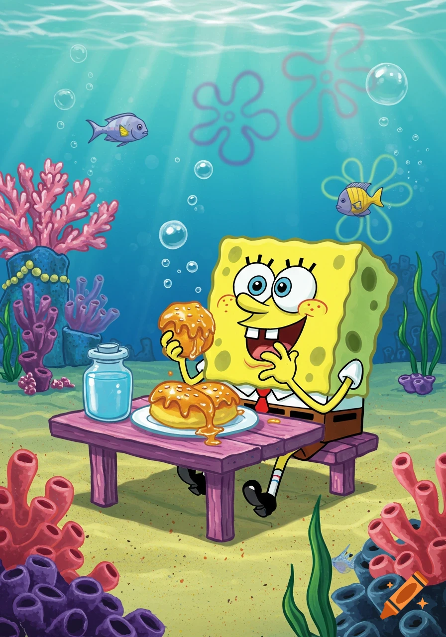 Spongebob Squarepants happily eating a honey bun at a picnic table underwater, surrounded by coral and fish, in a bright cartoon style.