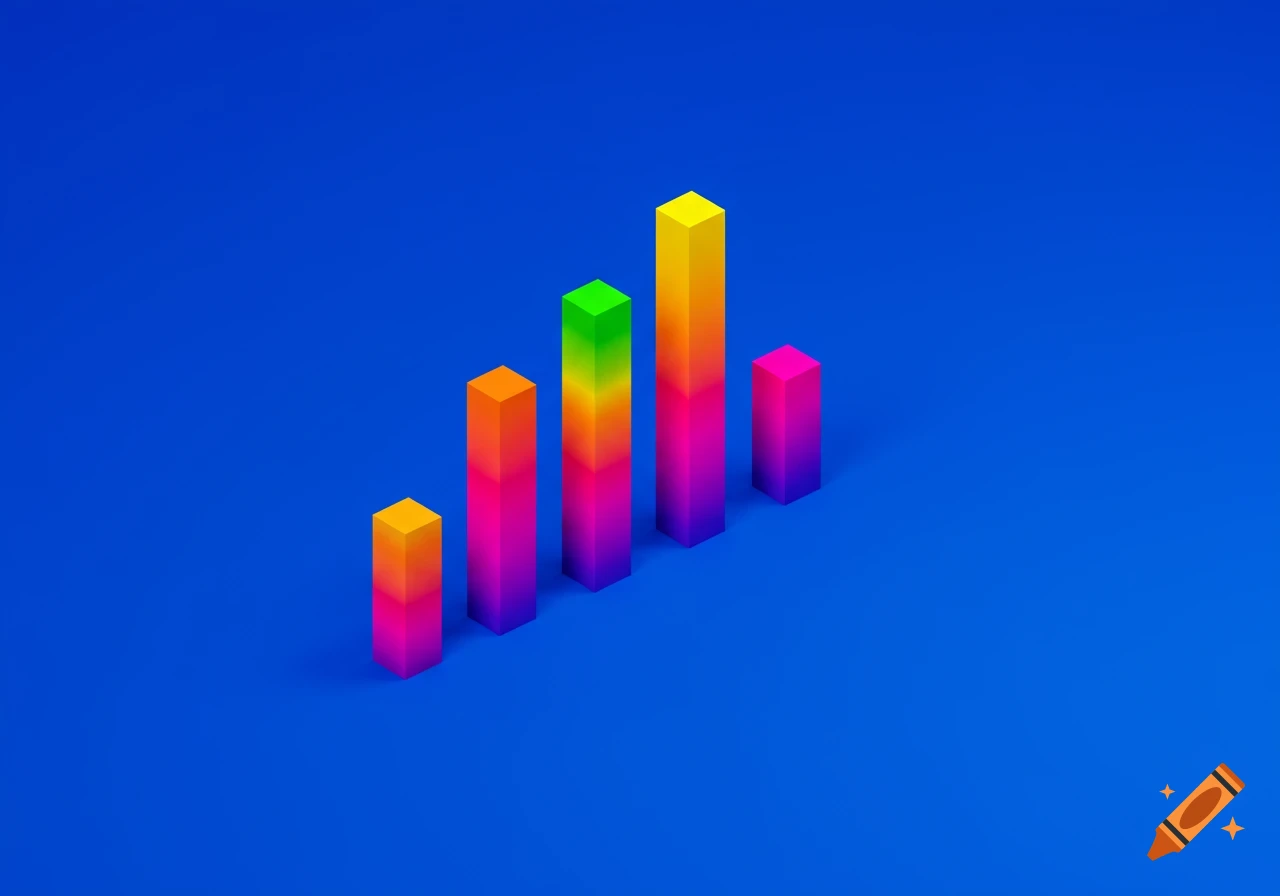 Five colorful 3D bar chart columns of varying heights on a solid blue background, viewed diagonally.