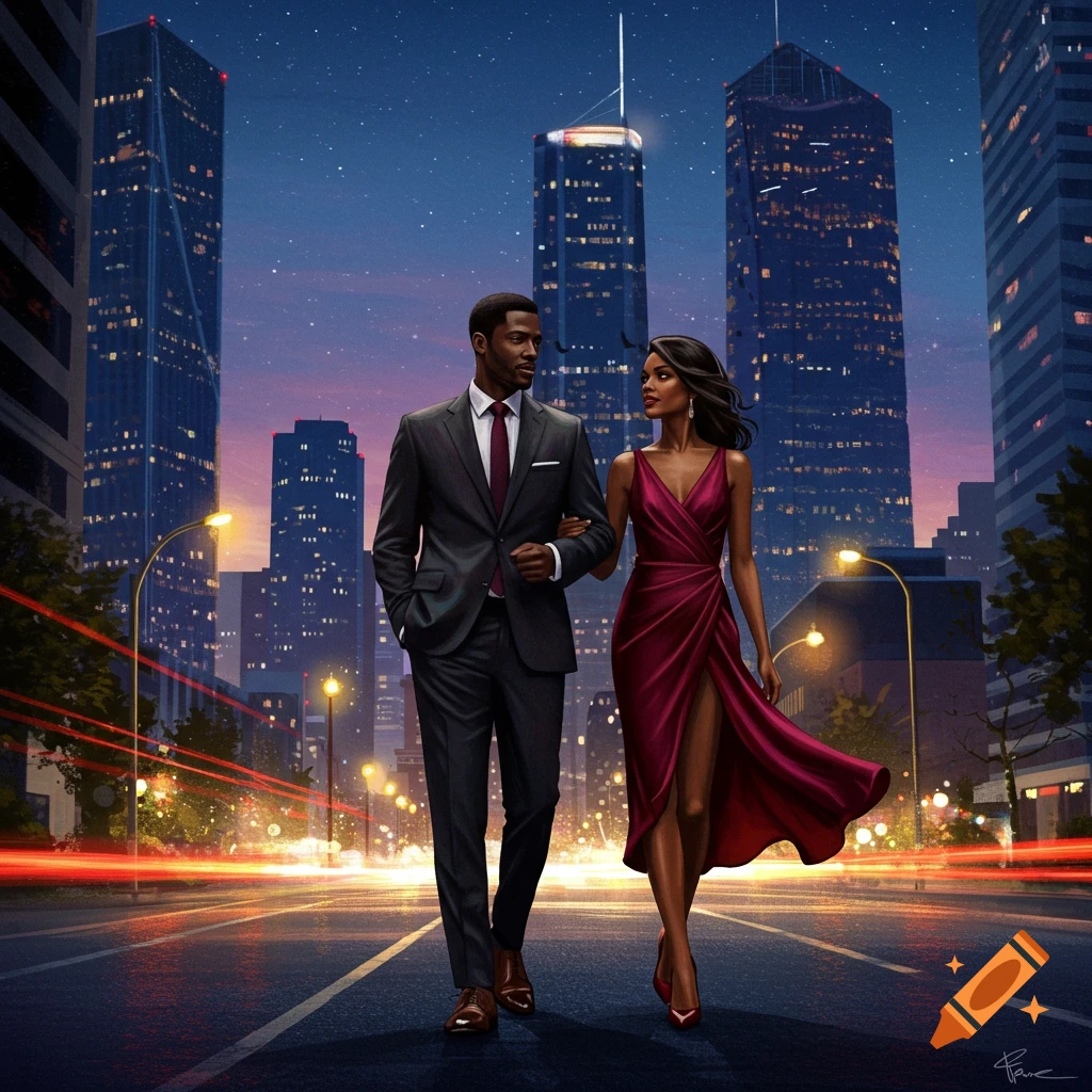 A stylish couple walking arm-in-arm down a city street at night, with illuminated skyscrapers in the background and streaks of car lights on the road.